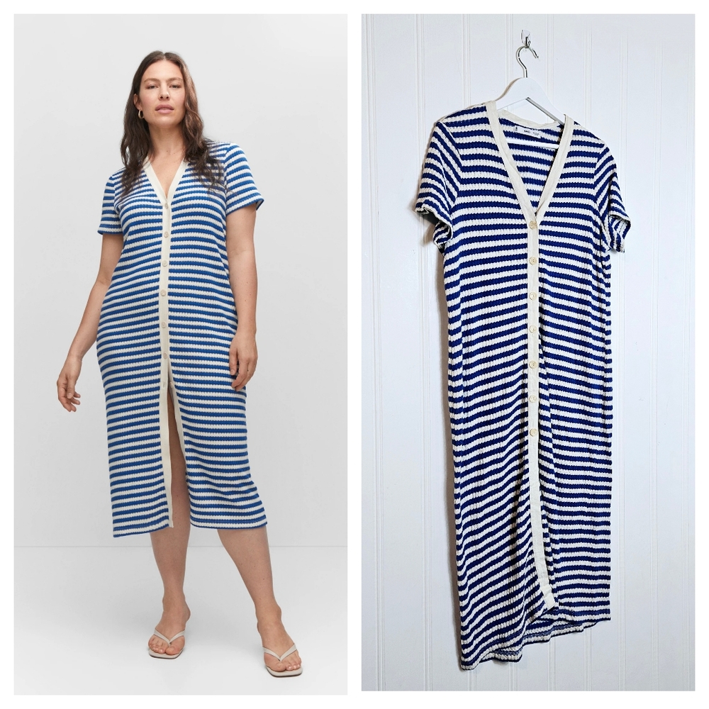 MNG Mango Midi Dress Blue White Striped Knit  Button Front Size 14